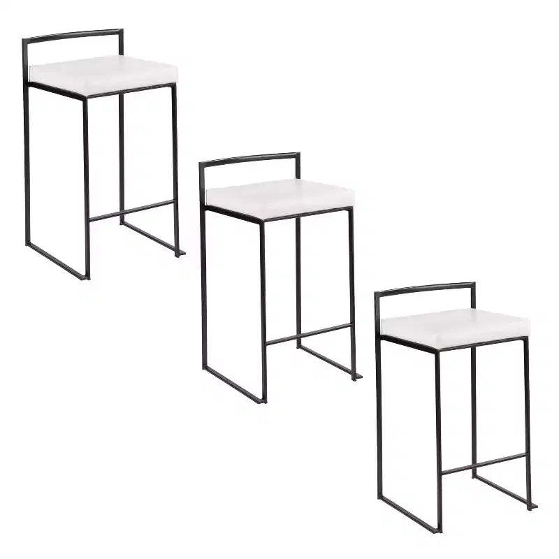 LumiSource Set of 3 Fuji Stacker Counter Height Barstools Black Metal/White PU