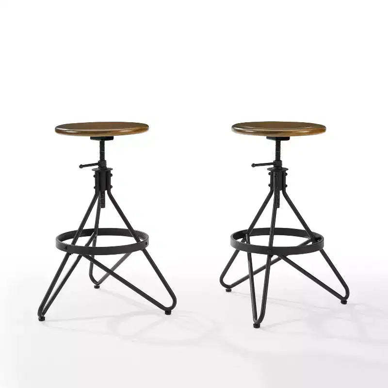 Crosley Set of 2 Kalen Adjustable Height Swivel Barstools Brown/Matte Black : Steel Frame, Industrial Farmhouse Style