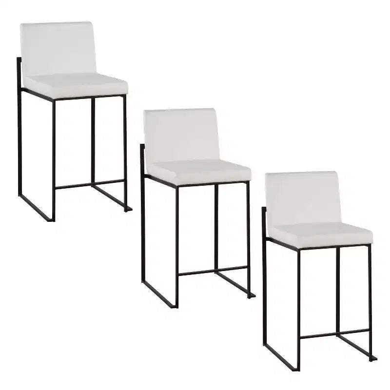 LumiSource Set of 3 Fuji High Back Counter Height Barstools Black Steel/White PU
