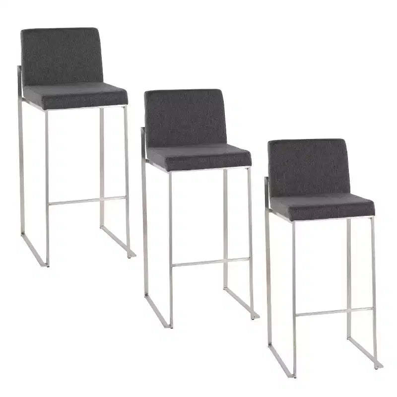 LumiSource Set of 3 Fuji High Back Barstools Stainless Steel/Charcoal Fabric