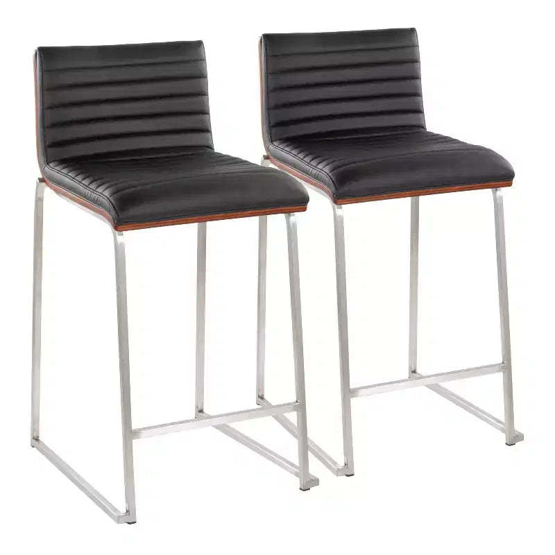 LumiSource Set of 2 26" Mason Mara Counter Height Barstools Stainless Steel Walnut Wood/Black PU Leather