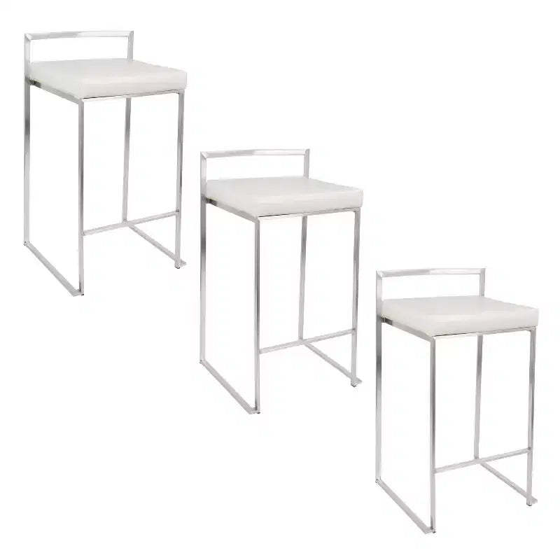 LumiSource Set of 3 Fuji Stacker Counter Height Barstools Stainless Steel/White PU