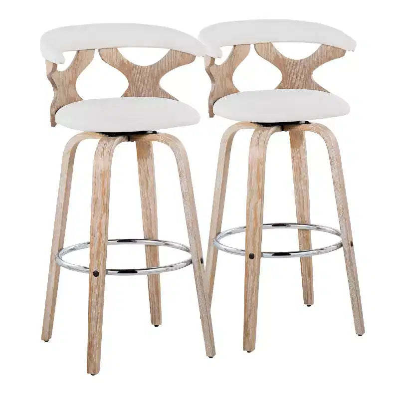 LumiSource Set of 2 Gardenia Barstools White Wash/Cream: Contemporary Swivel Bar Chairs with Back, Farmhouse Style