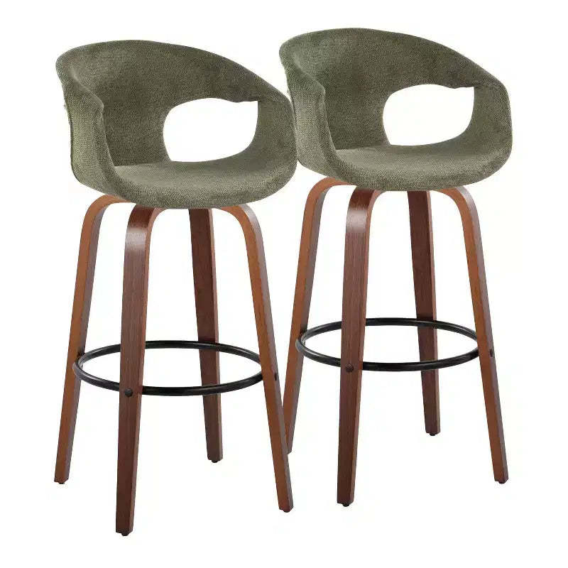 LumiSource Set of 2 Curva Barstools Walnut Wood/Green Fabric