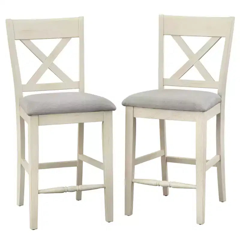 Lifestorey Set of 2 Montreal Farmhouse 24" Counter Height Cross Back Barstools White : Rubberwood Frame, Upholstered, Fixed Height