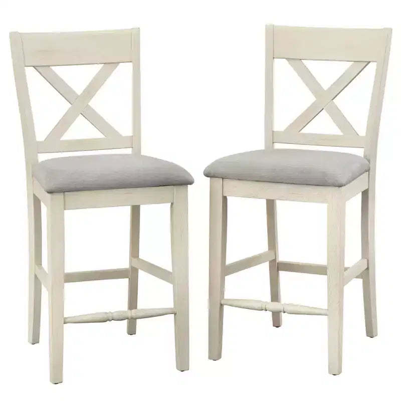 Lifestorey Set of 2 Montreal Farmhouse 24" Counter Height Cross Back Barstools White : Rubberwood Frame, Upholstered, Fixed Height