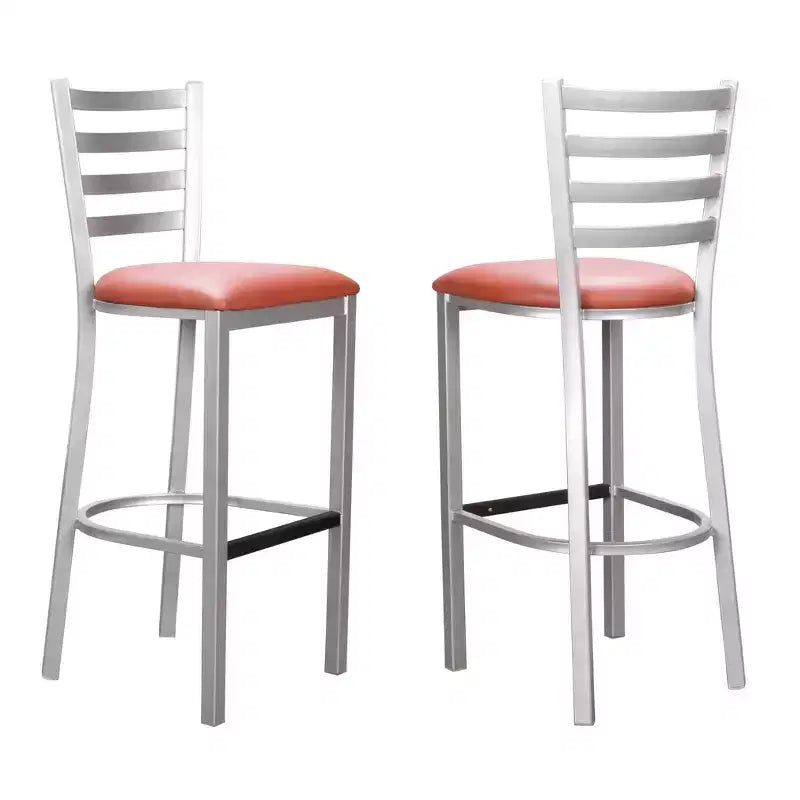 Linon Set of 2 Baxter Slat Back Metal Faux Leather Upholstered Barstools Silver/Peach: Polished Steel Frame, 30" Fixed Height