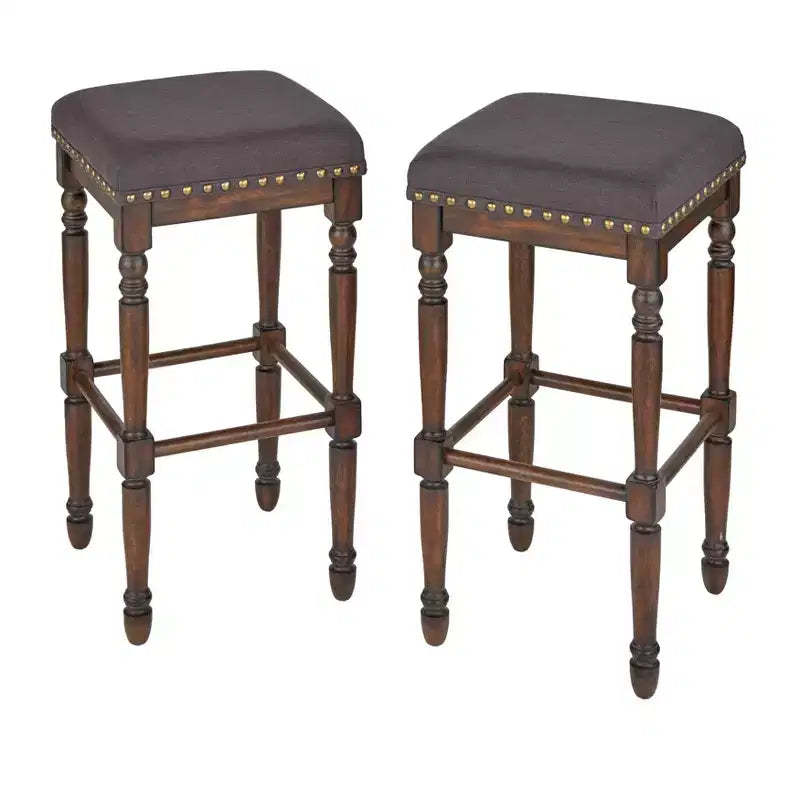 Lifestorey Set of 2 Grafton 30" Bar Height Barstool Charcoal Gray: Rustic-Brown Finish, Nailhead Trim