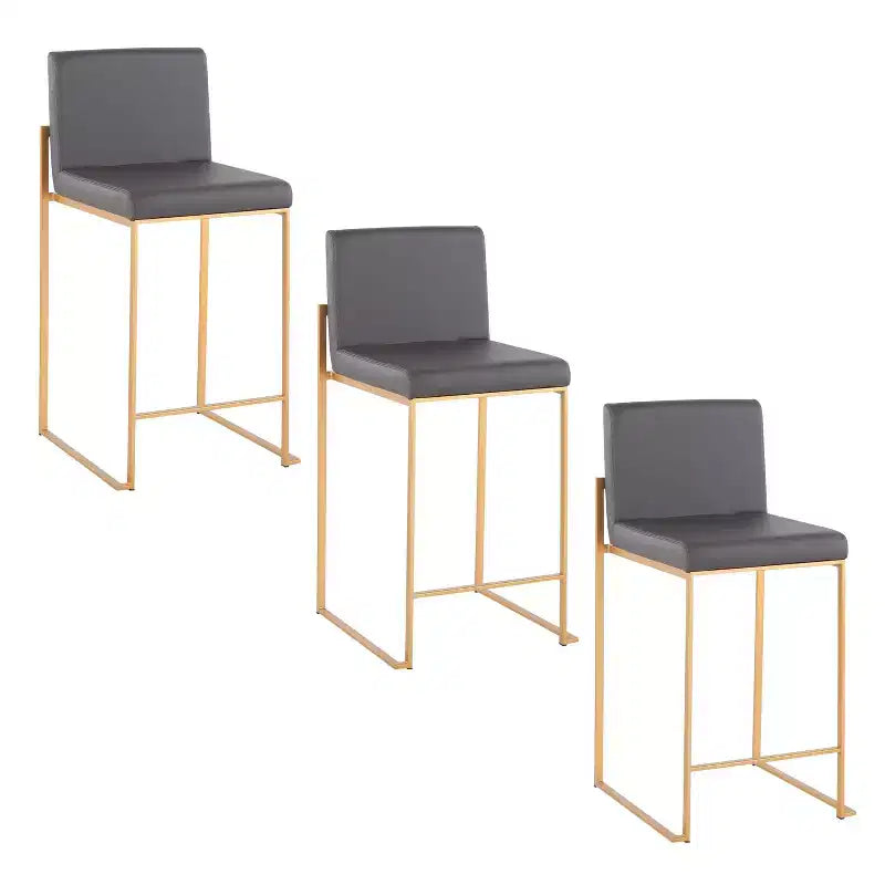 LumiSource Set of 3 Fuji High Back Counter Height Barstools Gold Steel/Gray PU