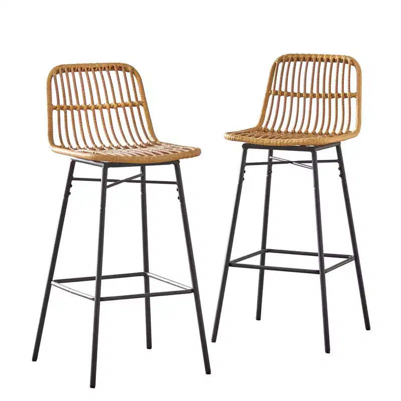 Lifestorey Set of 2 Greenville Faux Rattan 30" Bar Height Barstools Natural: Mid-century Modern, Rattan, Black Metal Base