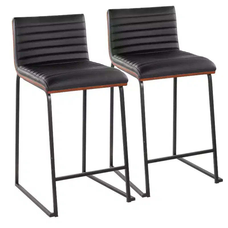 LumiSource Set of 2 26" Mason Mara Counter Height Barstools Black Walnut Wood/Black PU Leather