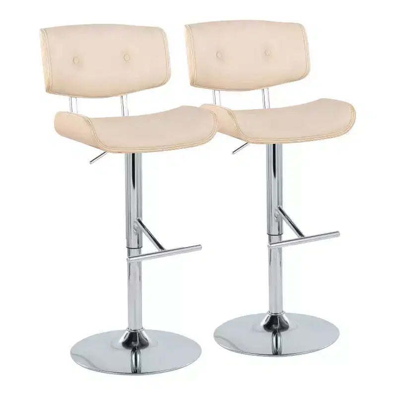 Set of 2 Lombardi Adjustable Barstools Chrome/Natural/Cream: Mid-Century, Tufted, Bent Wood, 360° Swivel - LumiSource