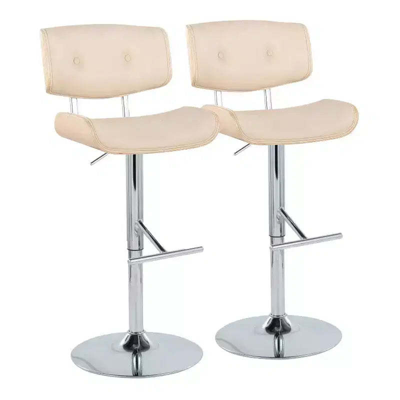 Set of 2 Lombardi Adjustable Barstools Chrome/Natural/Cream: Mid-Century, Tufted, Bent Wood, 360° Swivel - LumiSource