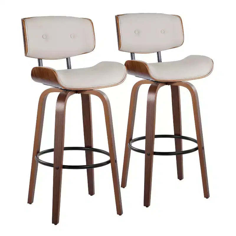 Set of 2 Lombardi Barstools Walnut/Black/Cream PU: Fixed-Height, Full Back & Footrest - LumiSource