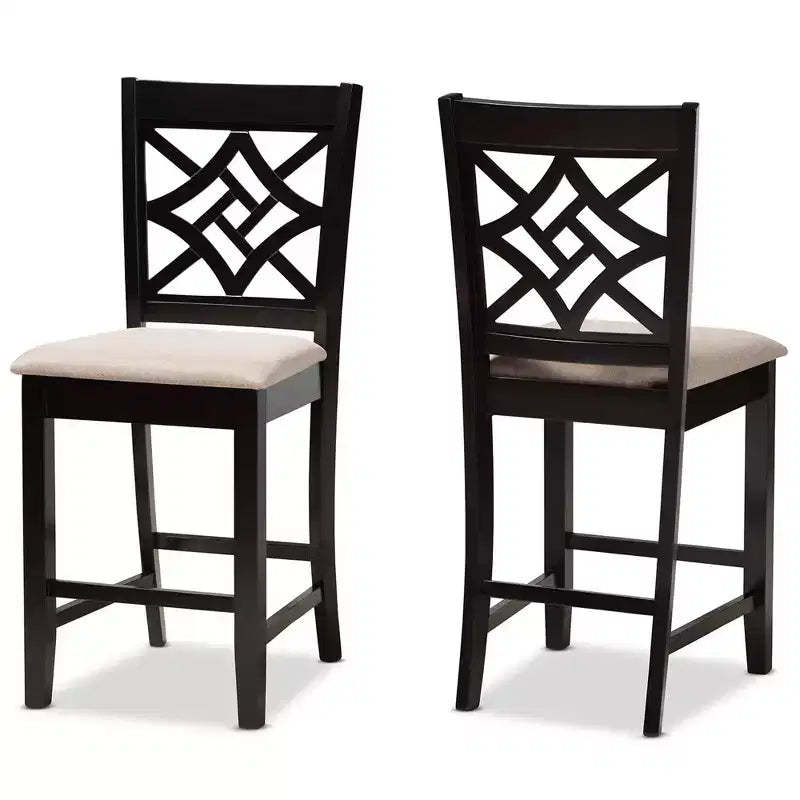 2pc Nicolette Wood Counter Height Barstool Set Sand/Brown - Baxton Studio: Elegant Cut-Out Back Design, Polyester Upholstery