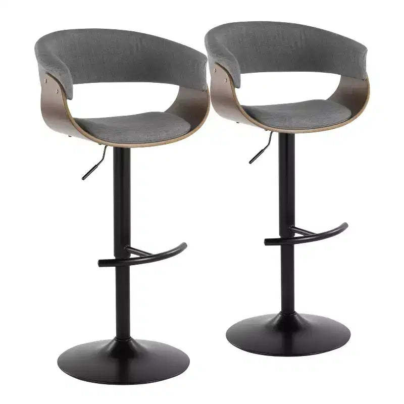 Set of 2 Vintage Modern Adjustable Barstools Black/Walnut/Light Gray - LumiSource: Swivel, Upholstered, Metal Base
