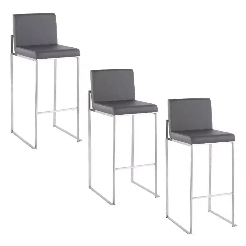 LumiSource Set of 3 Fuji High Back Barstools Stainless Steel/Gray PU