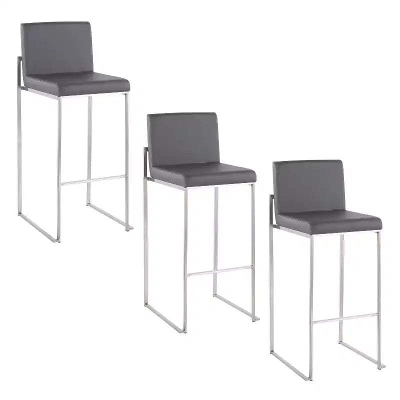 LumiSource Set of 3 Fuji High Back Barstools Stainless Steel/Gray PU