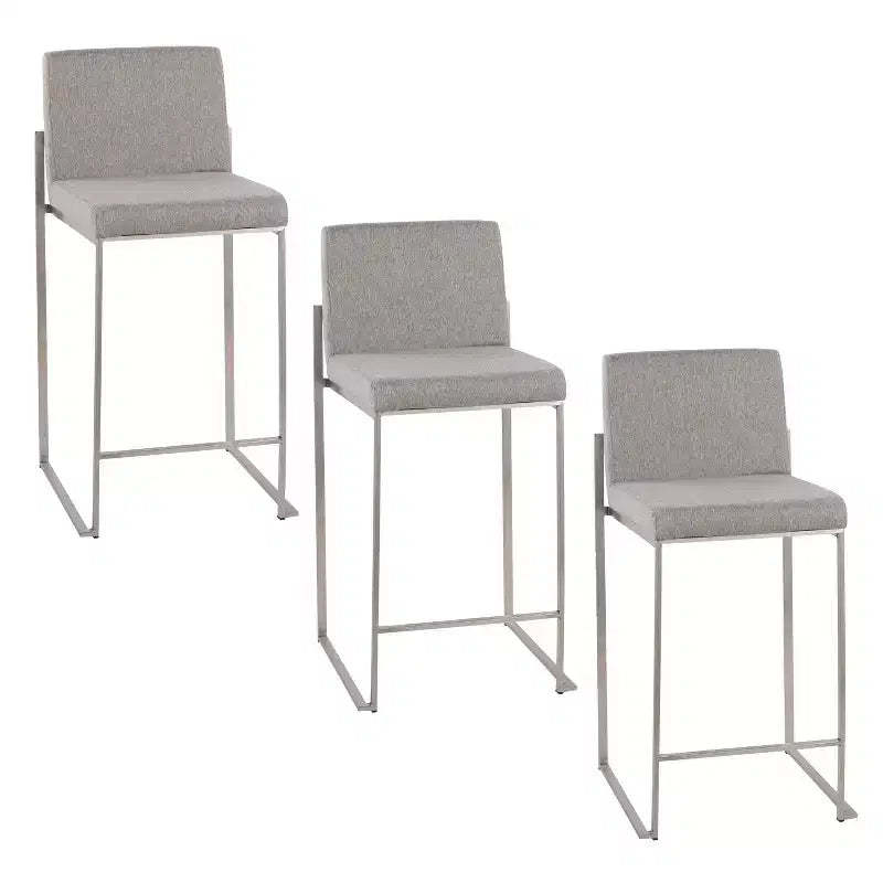 LumiSource Set of 3 Fuji High Back Counter Height Barstools Stainless Steel/Gray