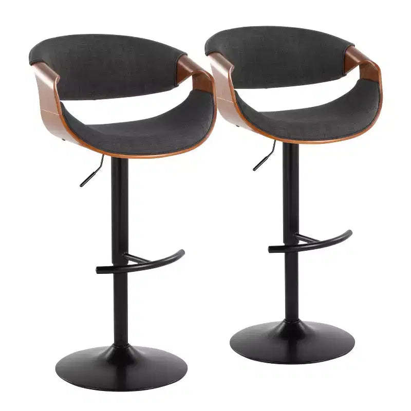 LumiSource Set of 2 Curvo Adjustable Barstools Walnut Wood/Charcoal Fabric/Black Metal