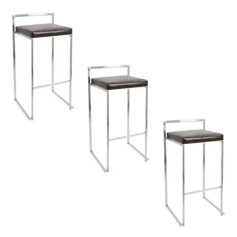 LumiSource Set of 3 Fuji Stacker Barstools Stainless Steel/Brown PU