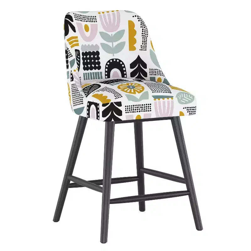 Skyline Furniture Sherrie Counter Height Barstool in Patterns Botanical Helsinki Block Lavender: Modern Square Upholstered, Rubberwood Frame