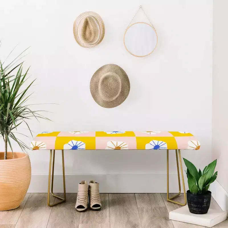Maritza Lisa White Checkered Flowers Bench Yellow - Deny Designs