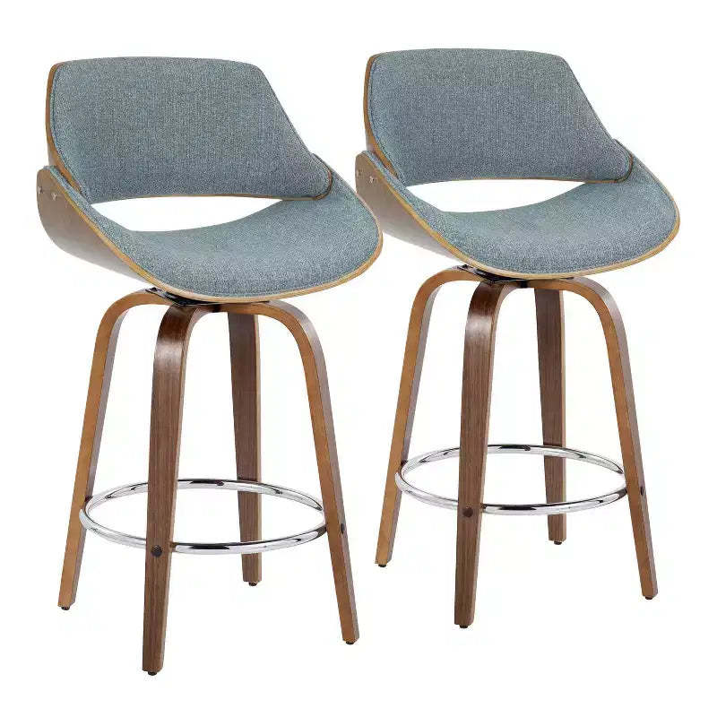 LumiSource Set of 2 Fabrizzi Counter Height Barstools Walnut/Blue : Upholstered Swivel, Kitchen-Compatible