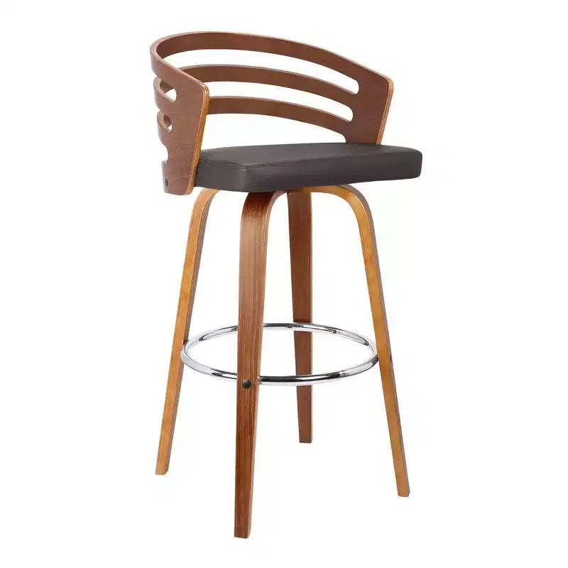 30" Benj Mid-Century Swivel Height Barstool Brown - Armen Living: Walnut Frame, Faux Leather