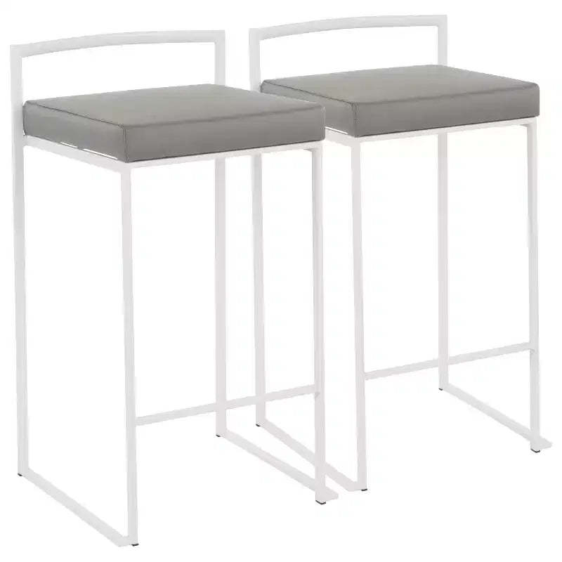 Set of 2 26" Fuji Contemporary Counter Height Barstools White/Gray - LumiSource: Upholstered, Metal Frame, Stackable