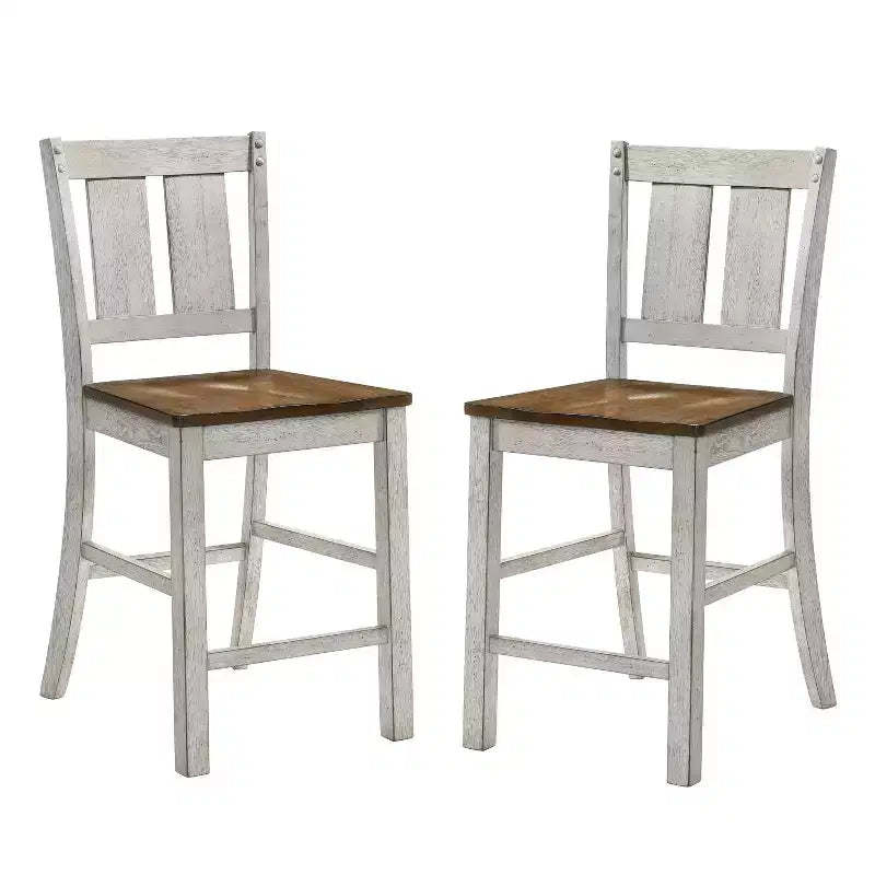 HOMES: Inside + Out Set of 2 Naxti Rustic Counter Height Chairs Light Oak/Antique White: Farmhouse Style, Rubberwood Frame