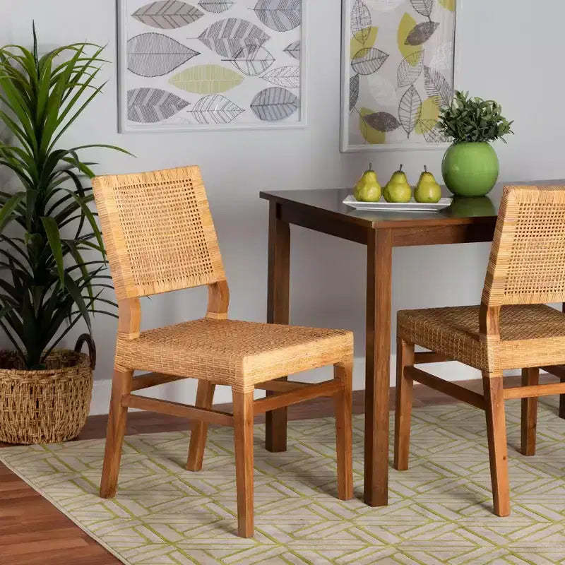 bali & pari Lesia Rattan and Mahogany Wood Dining Chair Set Natural/Walnut