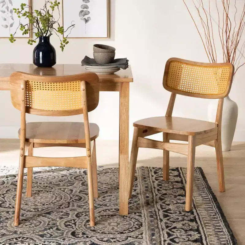Baxton Studio 2pc Tadeo Wood and Rattan Dining Chair Set Oak Brown/Light Brown: Rubberwood Frame, Spot Clean