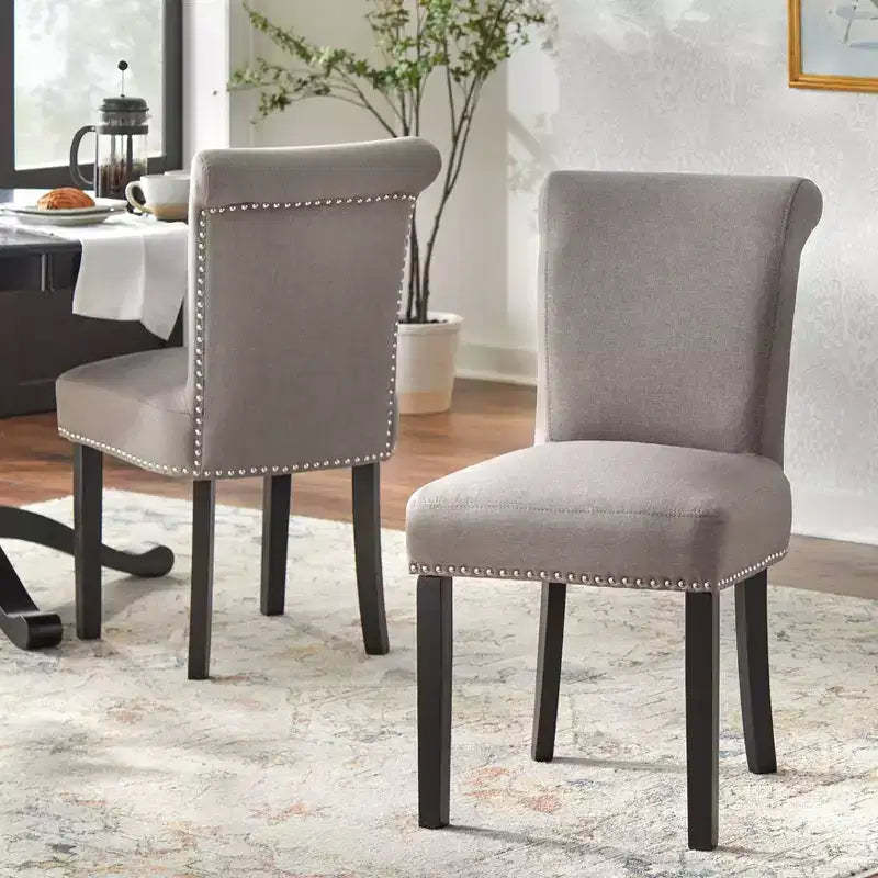 Buylateral Set of 2 Adeline Nailhead Upholstered Parsons Dining Chair Gray: Rubberwood Legs, 250lb Capacity