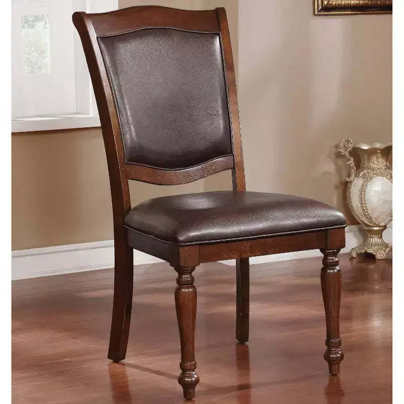 HOMES: Inside + Out Set of 2 Junipera Traditional Side Chairs Brown Cherry/Espresso : Faux Leather, Wood Frame