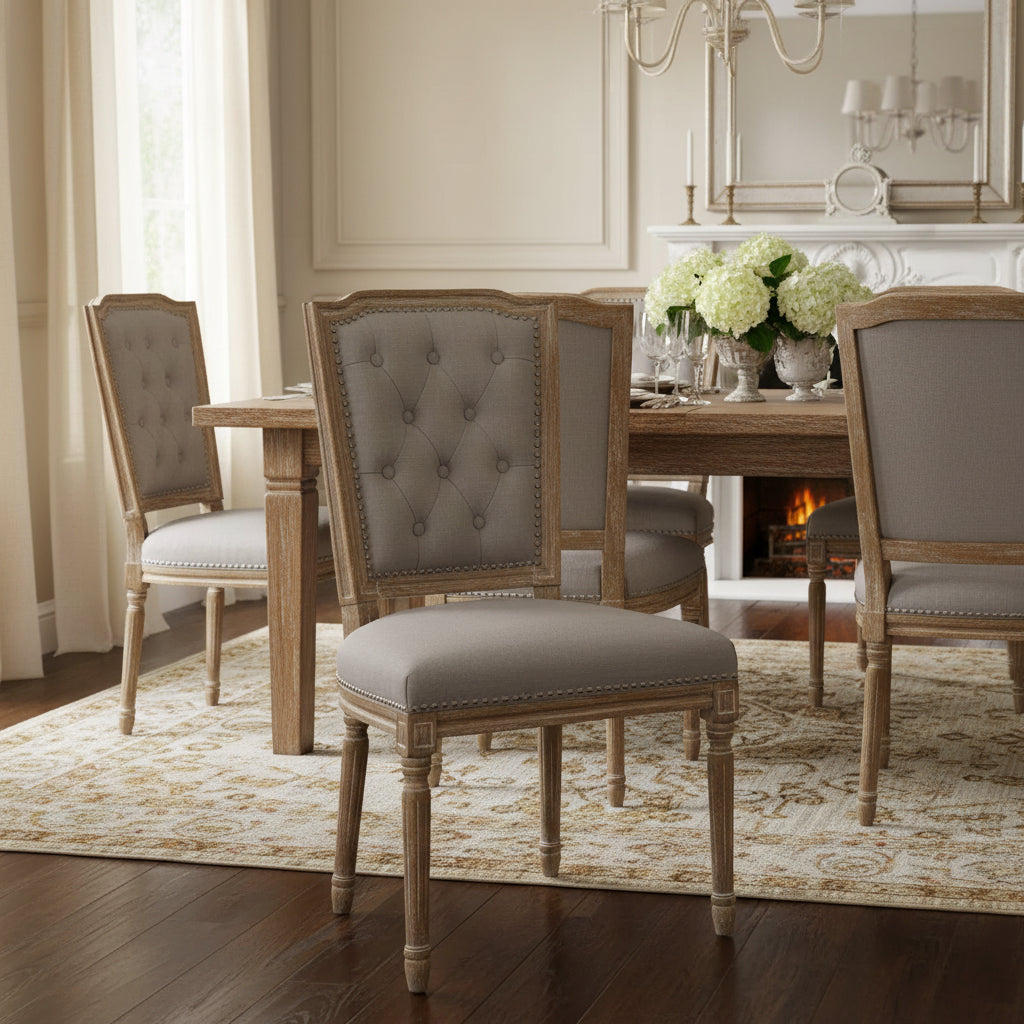 Estelle Chic Rustic French Country Cottage Dining Chair: Solid Oak, Linen Detail - Baxton Studio
