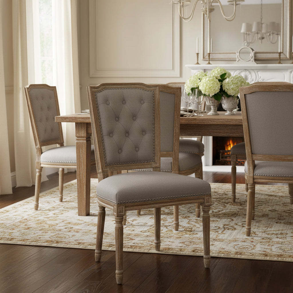 Estelle Chic Rustic French Country Cottage Dining Chair: Solid Oak, Linen Detail - Baxton Studio