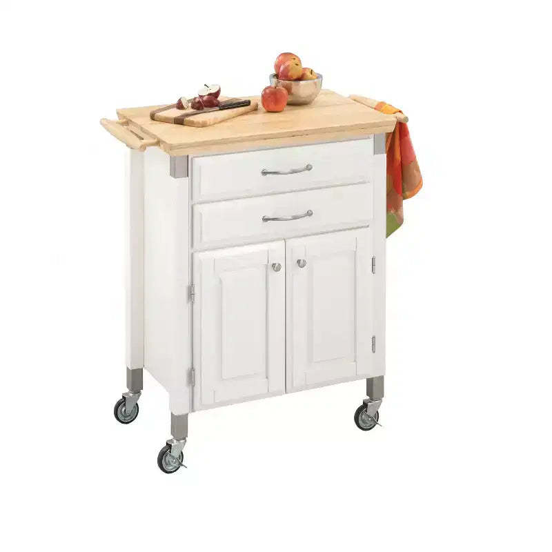 Home Styles Small Dolly Madison Kitchen Cart with Natural Top Off White: Mobile Storage, Hardwood Frame, 2 Drawers & Doors