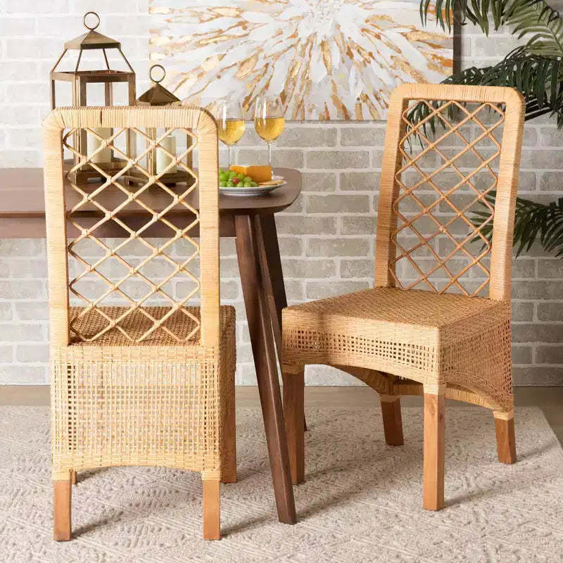 2pc Moscow Rattan and Wood Dining Chair Set Natural/Walnut - bali & pari