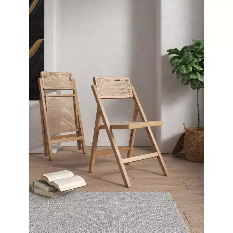 Set of 2 Pullman Cane Folding Dining Chairs Natural: Manhattan Comfort, Armless, Ash Wood Frame, Easy Storage
