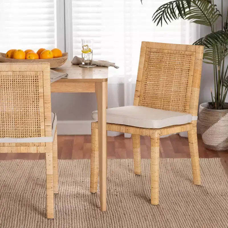 Sofia Wood and Rattan Dining Chair Set Natural/White - bali & pari: Handcrafted, Foam Cushion, No Assembly Required