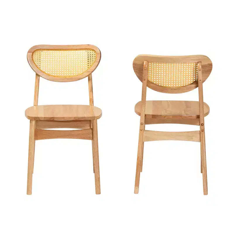 Baxton Studio 2pc Nenet Wood and Rattan Dining Chair Set Oak Brown/Light Brown: Mid-Century, Crescent Backrest, Angled Legs