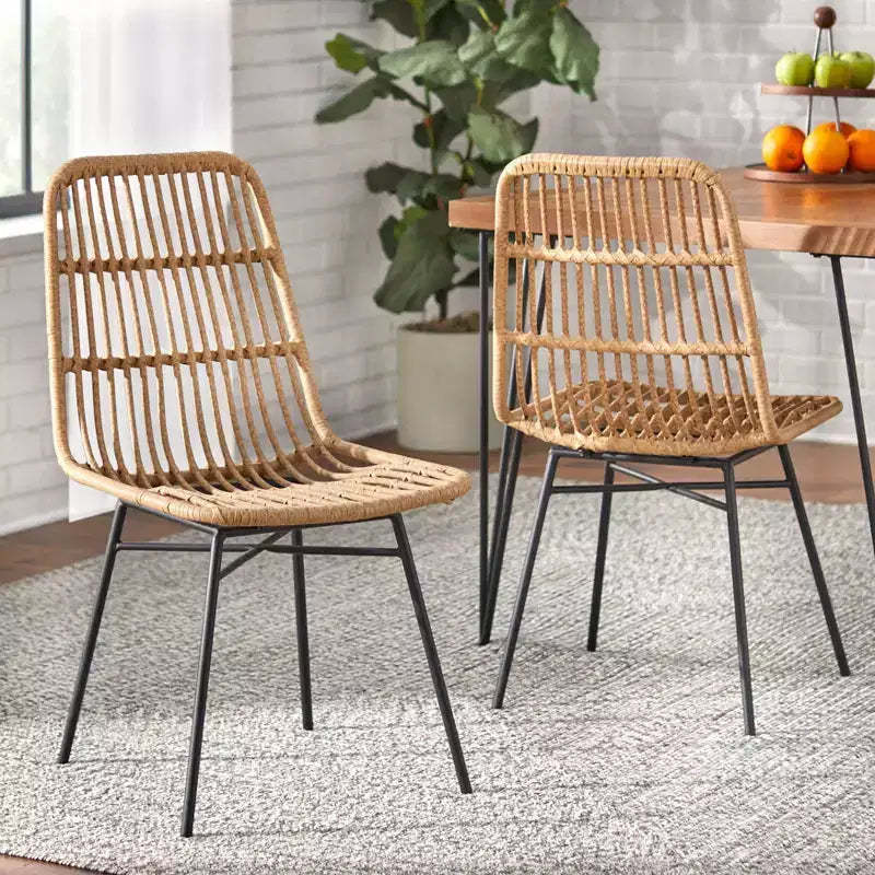 Lifestorey Set of 2 Greenville Faux Rattan Dining Chairs Natural: Mid-Century Modern, Rattan & Metal Frame, 250lb Capacity