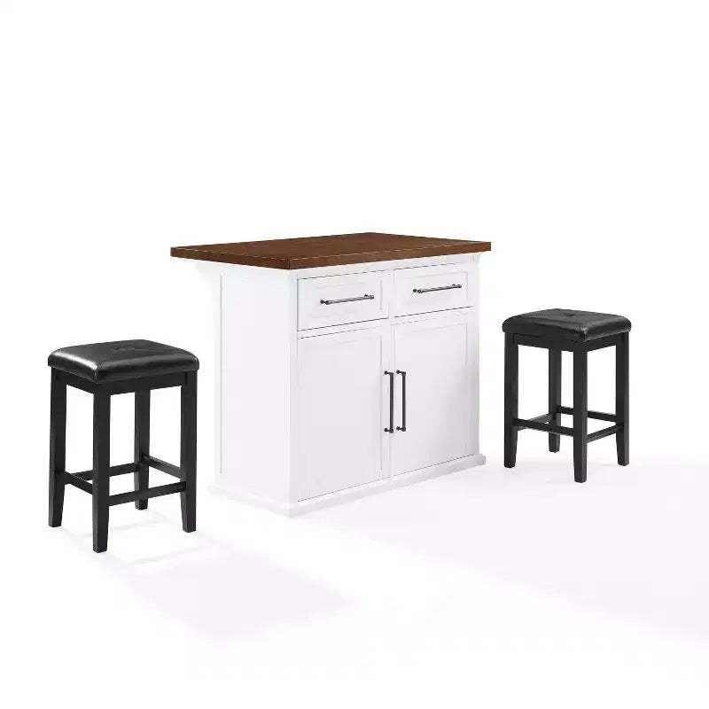 Crosley 42" Bartlett Wood Top Kitchen Island with Upholstered Square Stools White/Black: Shiplap Design, Adjustable Shelves