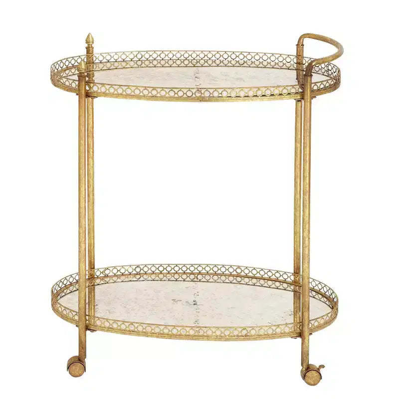 Oval Mirror Rolling Bar Cart Gold - Olivia & May: Traditional Style Serving Stand, Fixed Shelves, Iron Frame