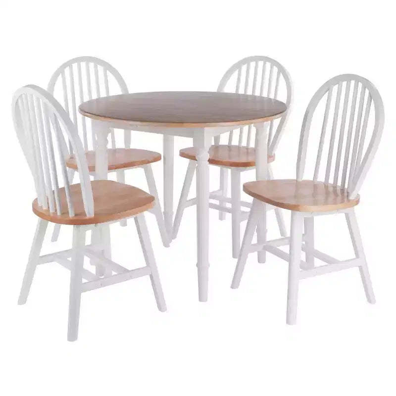 5pc Sorella Dining Table Set Natural/White - Winsome: Round Drop Leaf, Solid Wood, 4 Windsor Chairs