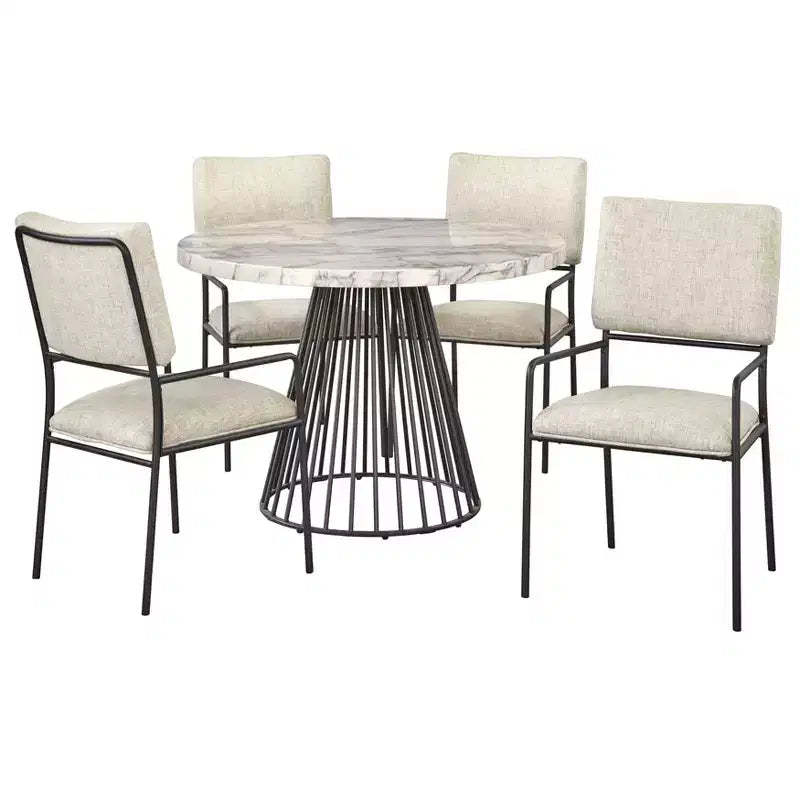 Lifestorey 5pc Indra Dining Set Cream: Faux Marble Top, Black Metal Base