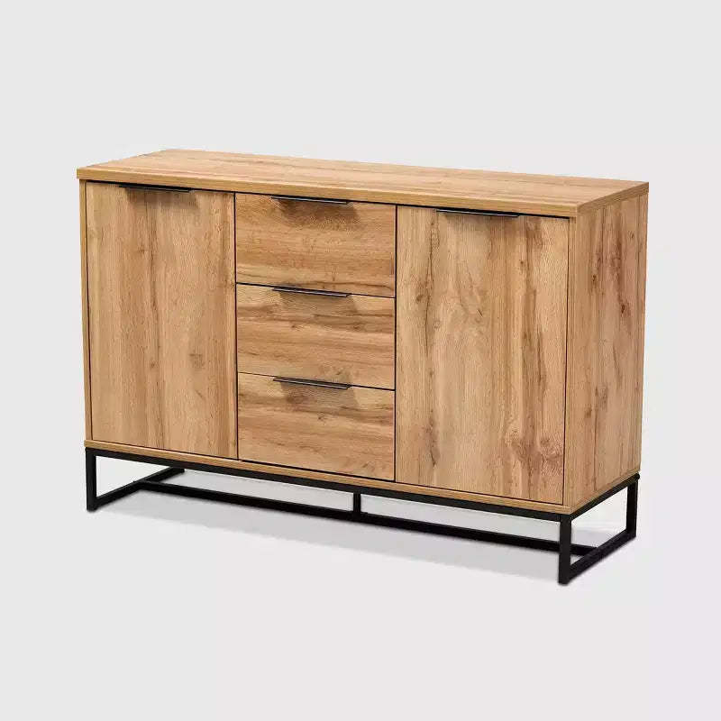 Reid Wood & Metal 3 Drawer Sideboard Buffet Oak/Black - Baxton Studio