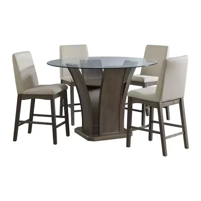 5pc Simms Round Standard Height Dining Set and 4 Chairs Walnut - Picket House Furnishings: Glass Top, Cream Upholstery