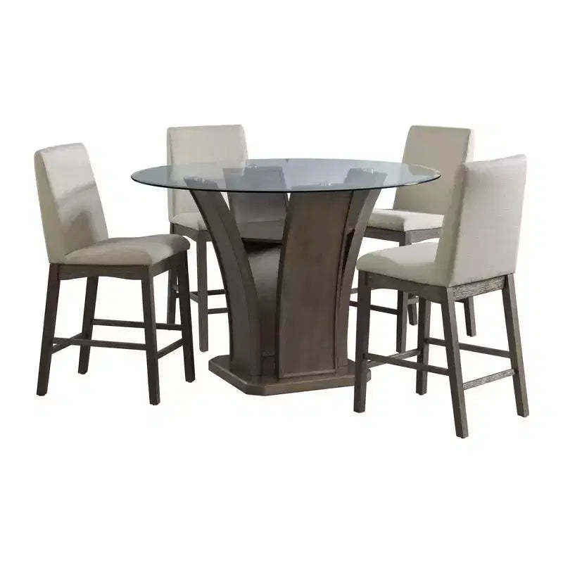 5pc Simms Round Standard Height Dining Set and 4 Chairs Walnut - Picket House Furnishings: Glass Top, Cream Upholstery